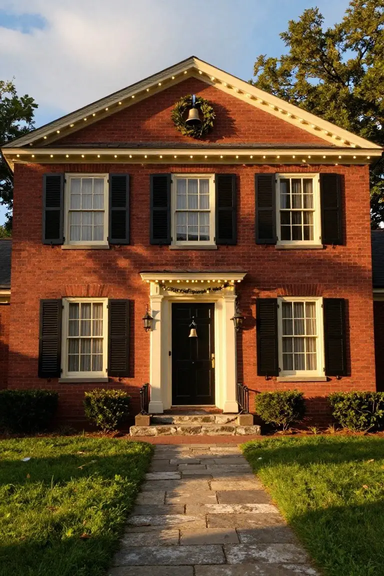 Red brick two-story house with gabled roof, white shutters, black front door, Christmas wreath with bell above entry, string lights along roofline and garlands on porch, flanked by boxwood shrubs, stone path leading to front door on green lawn.
