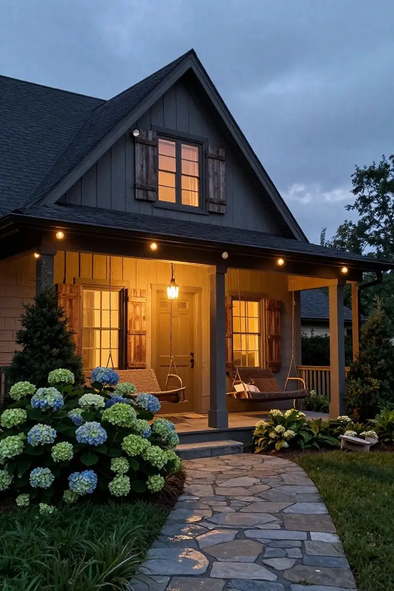 A house exterior at dusk featuring warm string lights along the porch roofline and eaves, a hanging porch swing, potted plants, hydrangeas, trees, and a stone pathway leading to the front door.