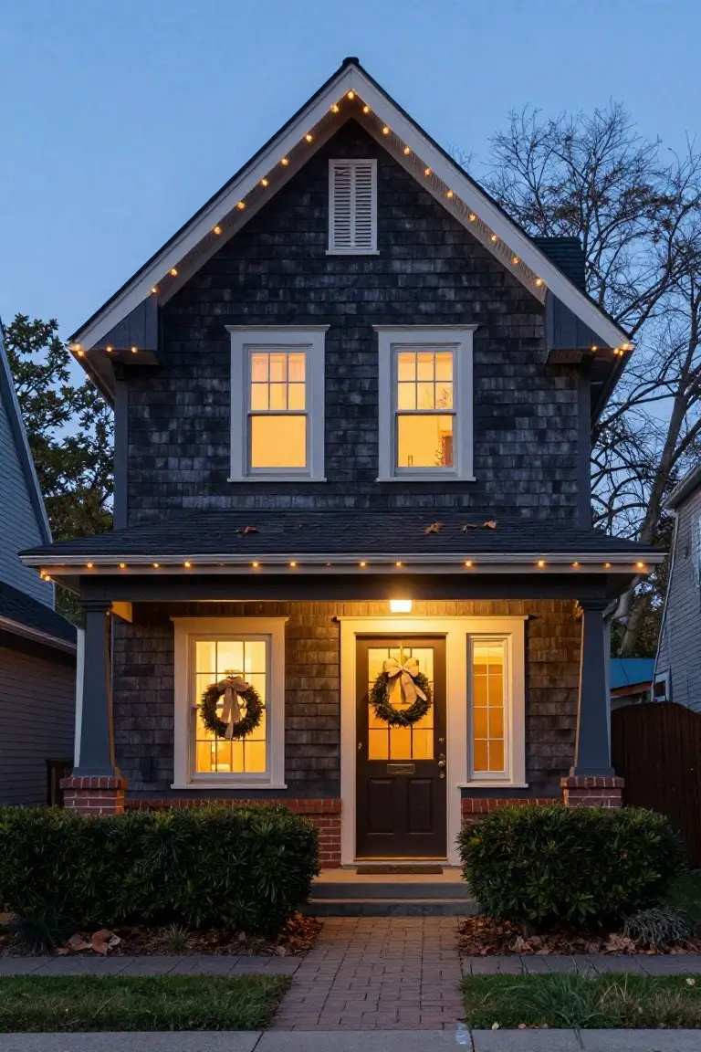 Dark shingled house exterior at dusk with white string lights outlining the roofline and eaves, Christmas wreaths on the front door and windows, warm interior lights visible through windows, and boxwood shrubs along the front path.