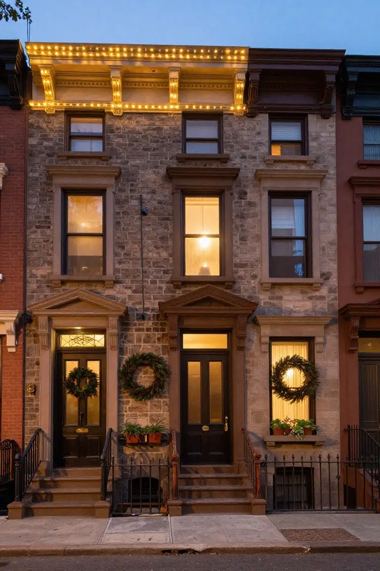 Brownstone row houses at twilight with warm golden string lights outlining the roofline cornice, evergreen wreaths on doors and windows, potted plants on steps, and lit interiors visible through glass.