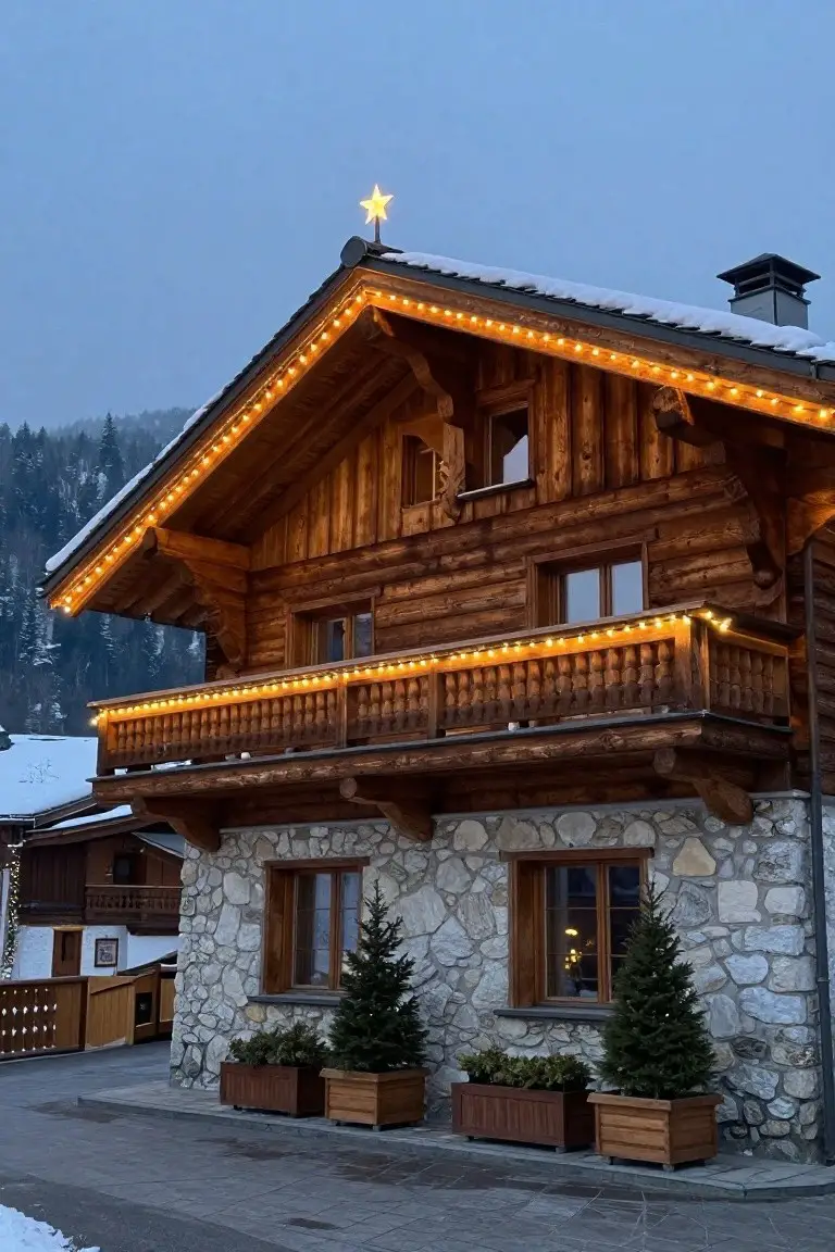Snow-dusted wooden chalet house with warm yellow string lights outlining the sloped roofline, balcony railing, and chimney, plus small potted evergreens at the stone base.