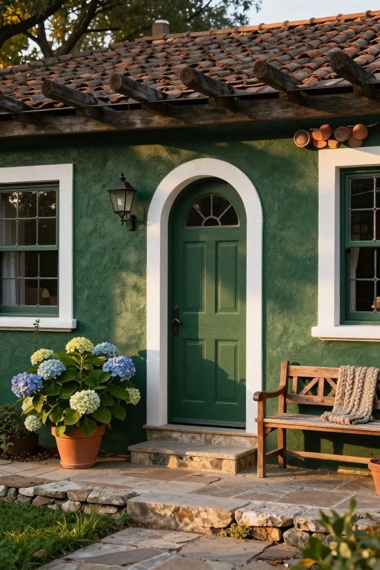 Dark green stucco house exterior with arched green front door in white trim, white-trimmed windows, lantern light, potted blue hydrangea plant, wooden bench on stone steps, and terracotta pots nearby.