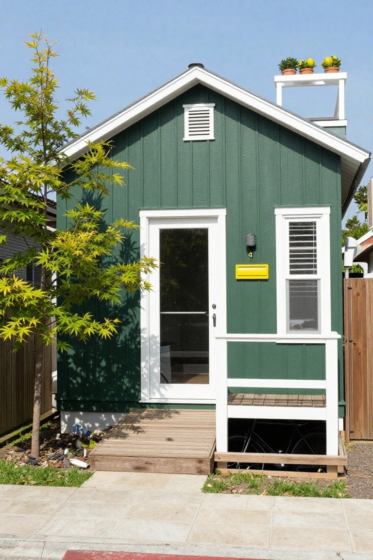 Small dark green wooden house with white trim, gabled roof, front glass door, shuttered window, yellow mailbox, potted plants on rooftop platform, tree and fence nearby.