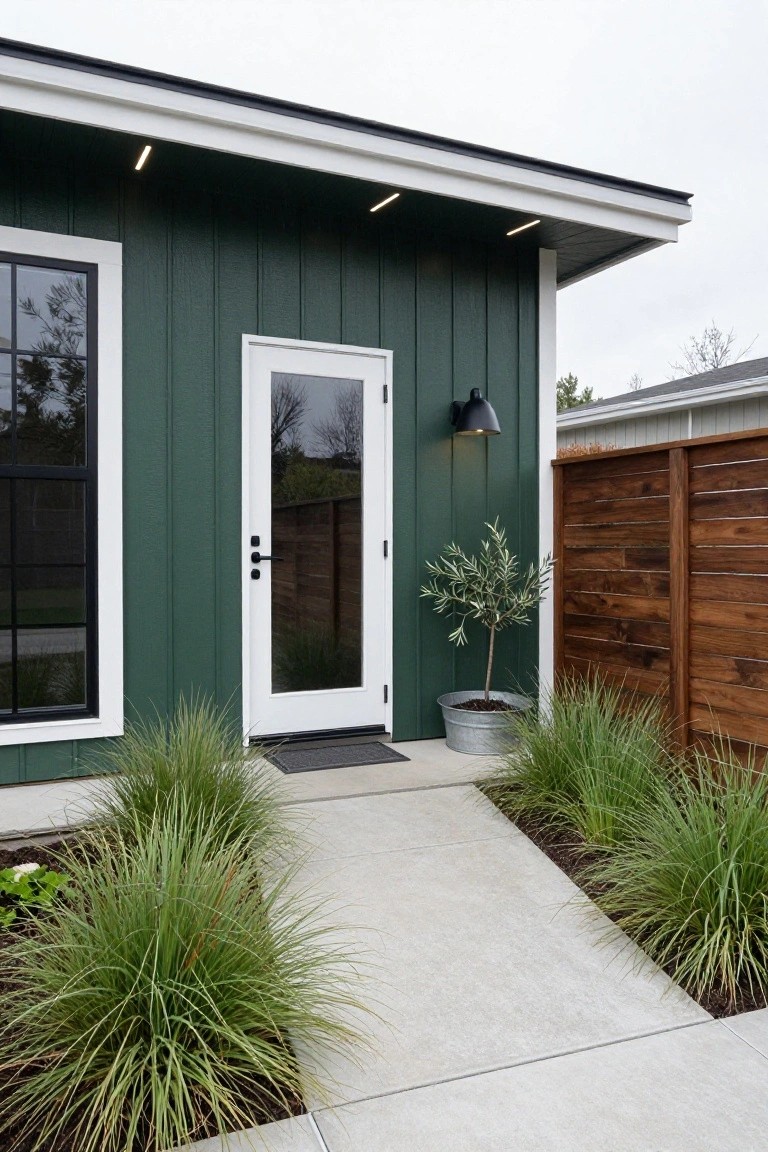 Side exterior of a dark green board-and-batten house with white-framed glass door and window, black wall lantern, olive tree in metal bucket, ornamental grasses, wood fence, and concrete entry path.