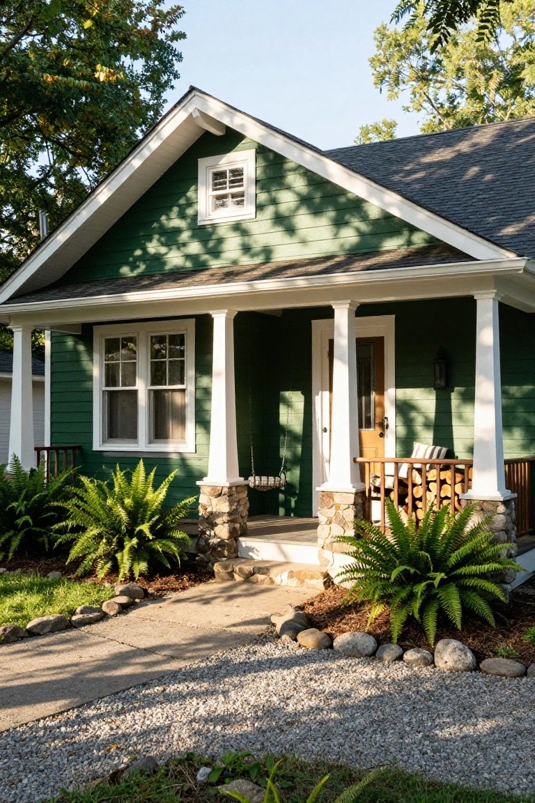 Front exterior of a dark green shingle-style bungalow house with white trim, gabled roof, covered porch with white columns and stone bases, porch swing, firewood stack, flanked by ferns, rocks, gravel path, and trees.