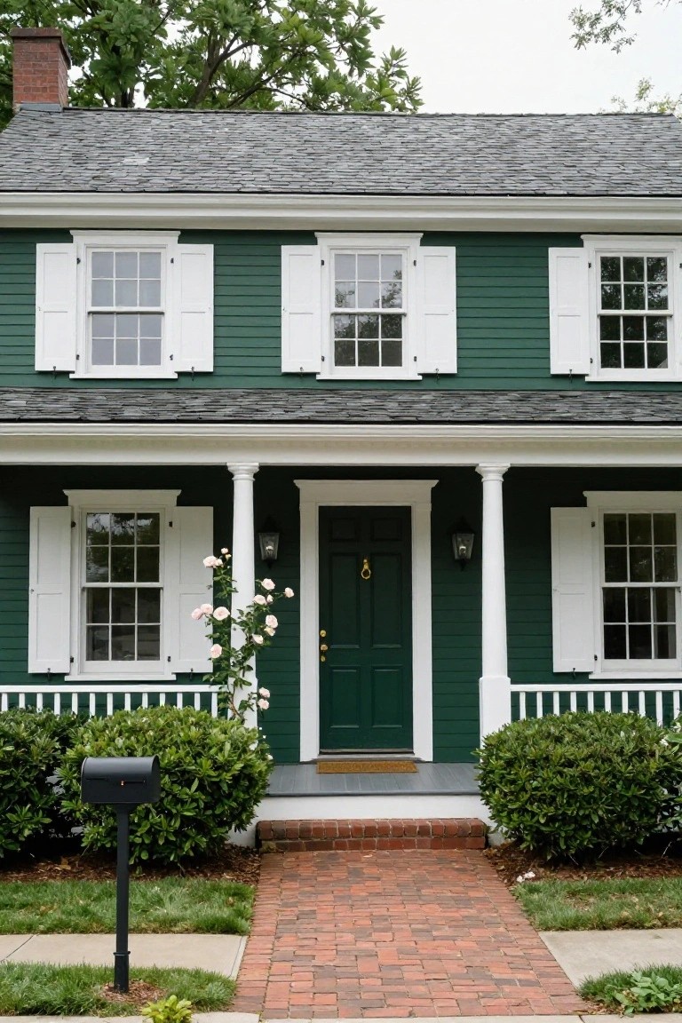 Front view of a two-story dark green clapboard house with white trim, columned porch, dark green front door, white shutters on multipane windows, flanked by shrubs, and a brick walkway.