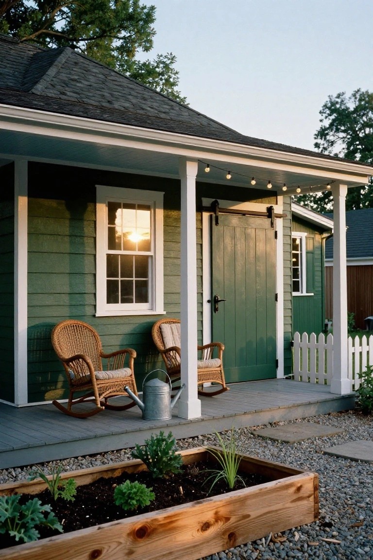 Dark green clapboard house with white trim and covered porch holding two wicker rocking chairs and a metal watering can, sliding barn door entry, window with sunset glow, wooden raised garden bed with plants, gravel yard, and white picket fence.