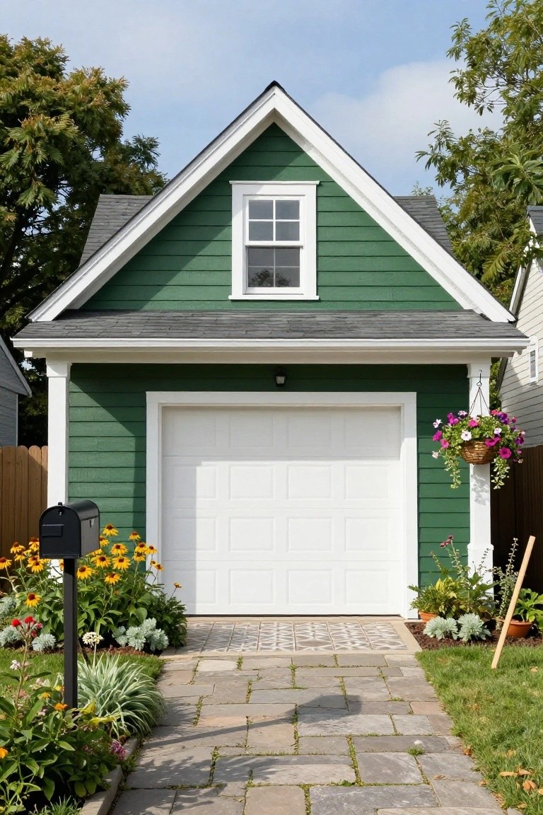 A small green garage with white trim, gabled roof, white garage door, hanging flower basket, mailbox, and surrounding flower beds and pathway.