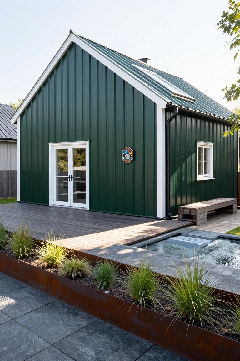 Small gable-roofed house clad in dark green corrugated metal siding with white trim around French doors and a window, wooden deck and bench, rusted steel planters filled with grasses, and adjacent small pool on gray stone patio.