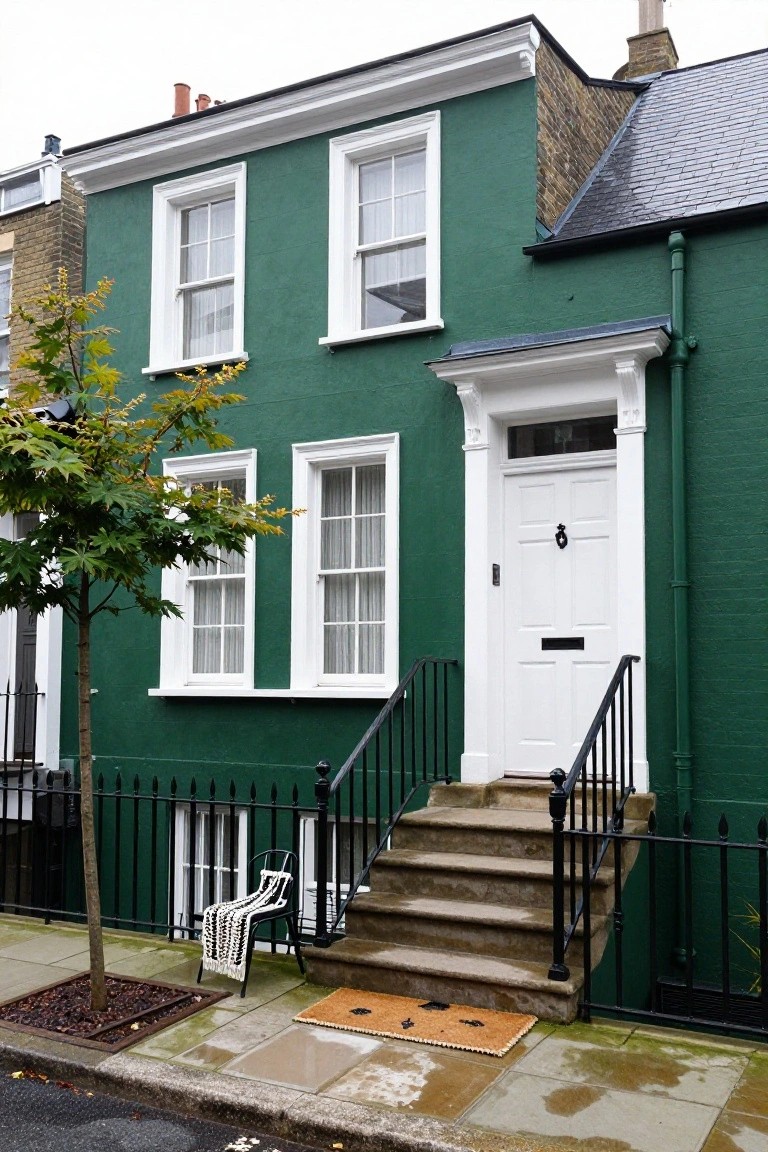 A two-story dark green terraced house with white sashed windows, white front door, black railings and steps, a potted chair nearby, small tree, and wet pavement in front.
