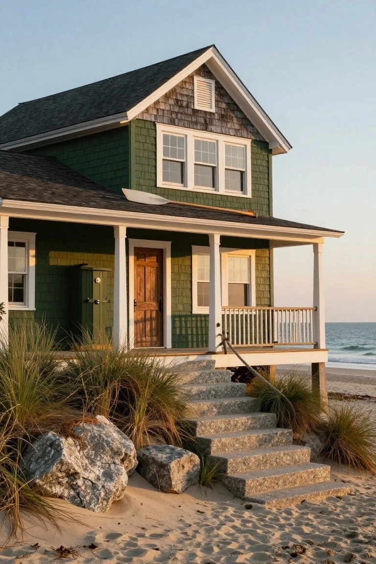 Dark green shingle-style house elevated on pilings with white-trimmed porch, wooden door, stairs leading to sandy beach with dune grass, rocks, and ocean view.