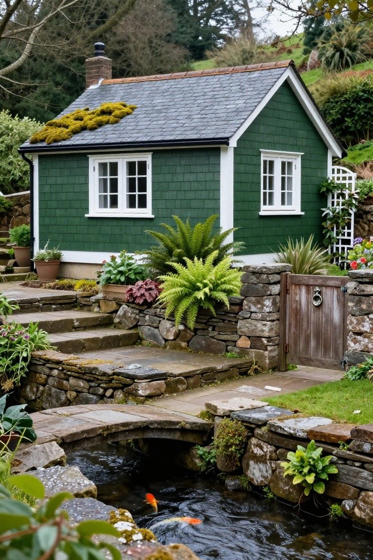 Dark green shingle-sided cottage with white window trim and gabled slate roof covered in moss, set amid stone walls, steps, lush plants, and a small arched bridge over a koi pond.