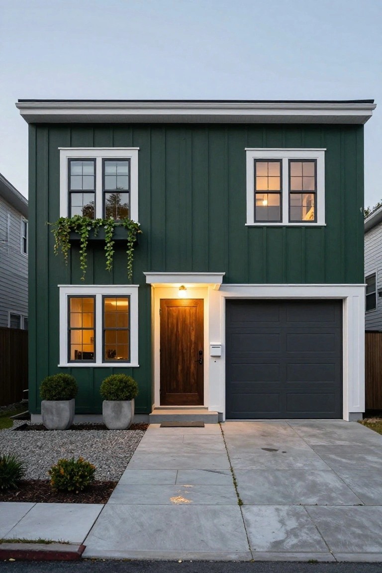 Front exterior of a two-story dark green board-and-batten house with white trim, lit windows and wooden door, closed garage, potted shrubs, gravel bed, and concrete driveway at dusk.