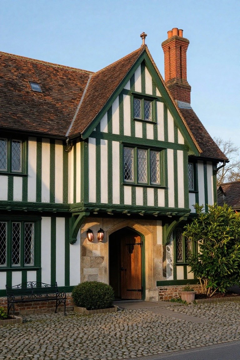 Two-story half-timbered house exterior with dark green timbers and white plaster walls, arched stone entry with wooden door and lanterns, wrought-iron bench, shrubs, and cobblestone path in front.