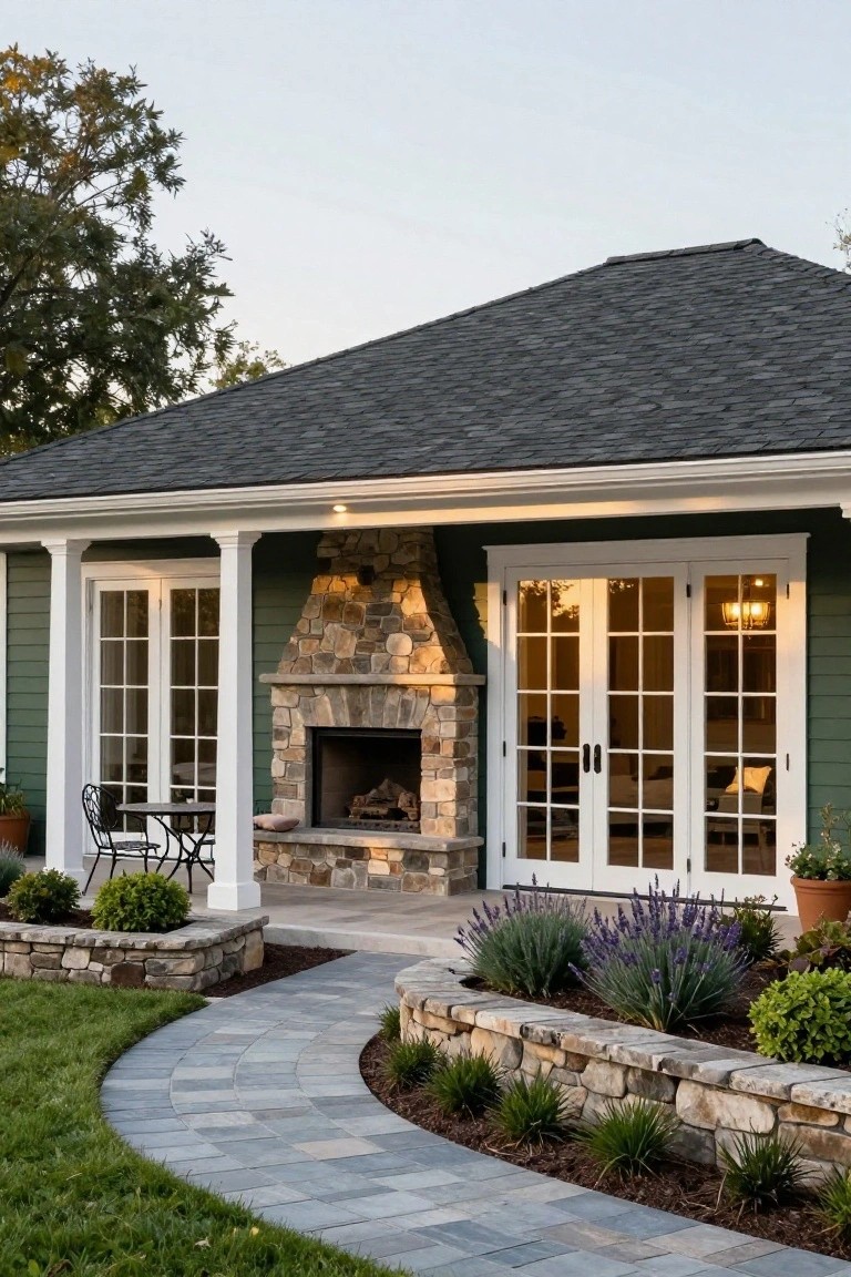Dark green house exterior with white trim on columns and French doors, featuring a tall outdoor stone fireplace with burning logs, a small metal table and chairs on the porch, curved gray paver pathway, and stone retaining wall with lavender plants and grass.