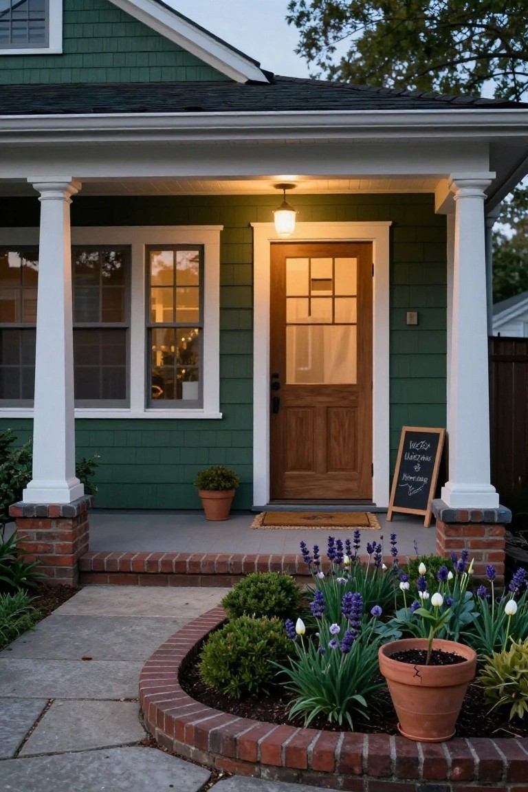 Dark green shingle house exterior with white trim and columns supporting a covered porch, wooden front door with glass panels, potted plants on the steps, and flower beds with purple blooms along a brick-edged path.