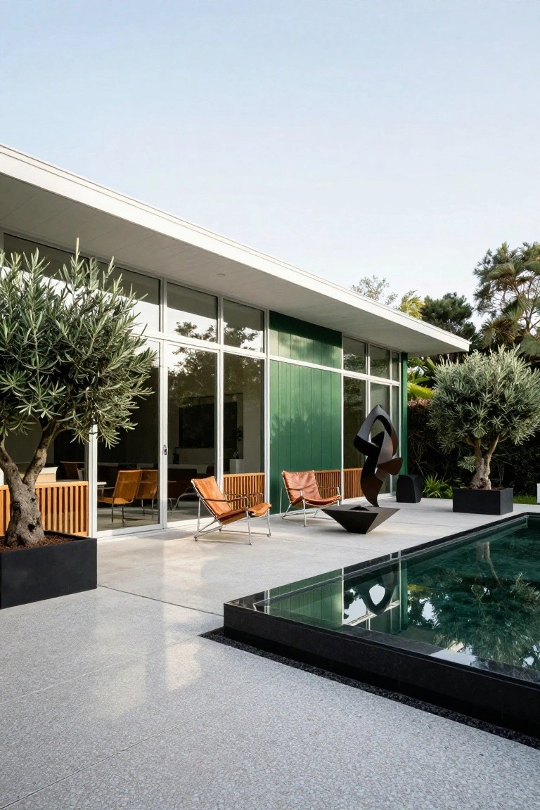 Modern single-story house exterior featuring white upper structure, dark green vertical siding on one wall, large white-framed glass doors and windows, orange leather chairs on a terrace with a black abstract sculpture, potted olive trees, and an adjacent infinity-edge pool.