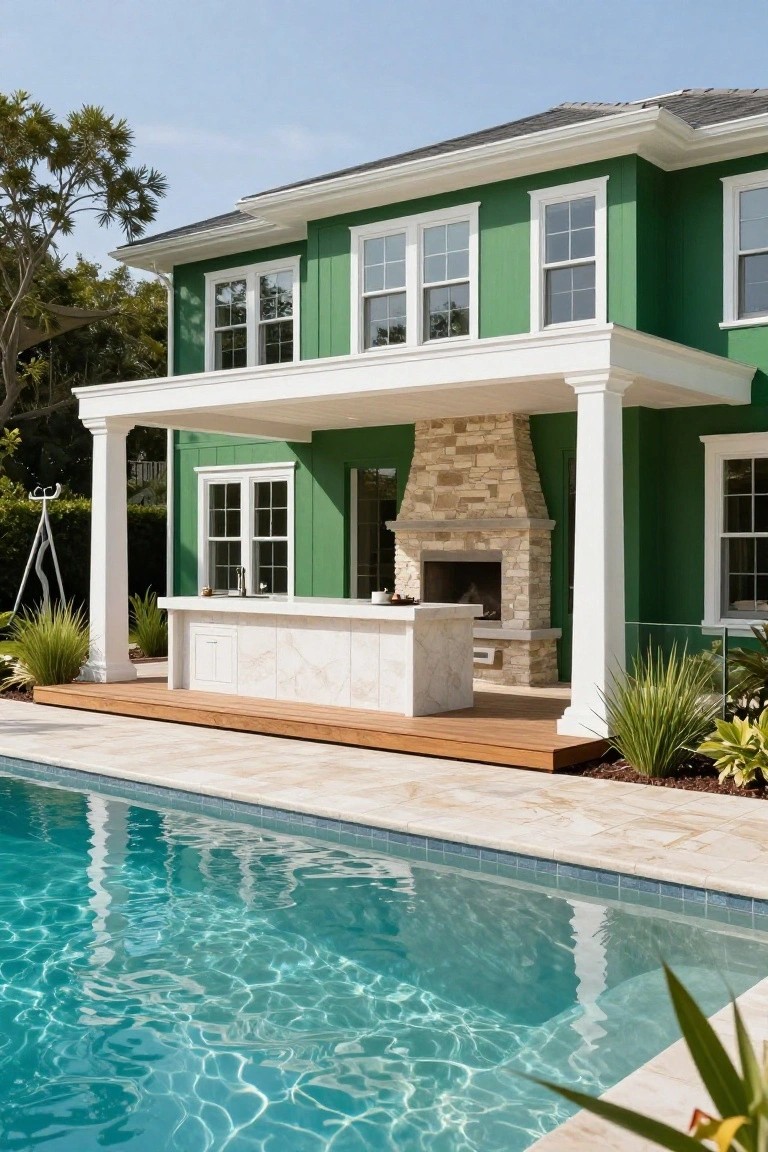Dark green two-story house with white trim and columns on a covered porch featuring a white countertop bar, stone fireplace, sink, wooden deck, and turquoise pool with tile surround and plants.