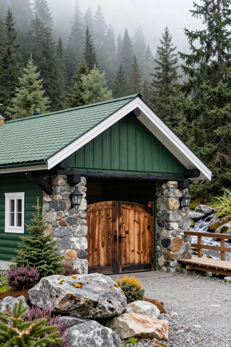 Dark green wooden cabin with white trim, gabled green roof, stone pillars, double wooden garage doors with lanterns, surrounded by rocks, small trees, plants, a bridge over a stream, and misty pine forest.
