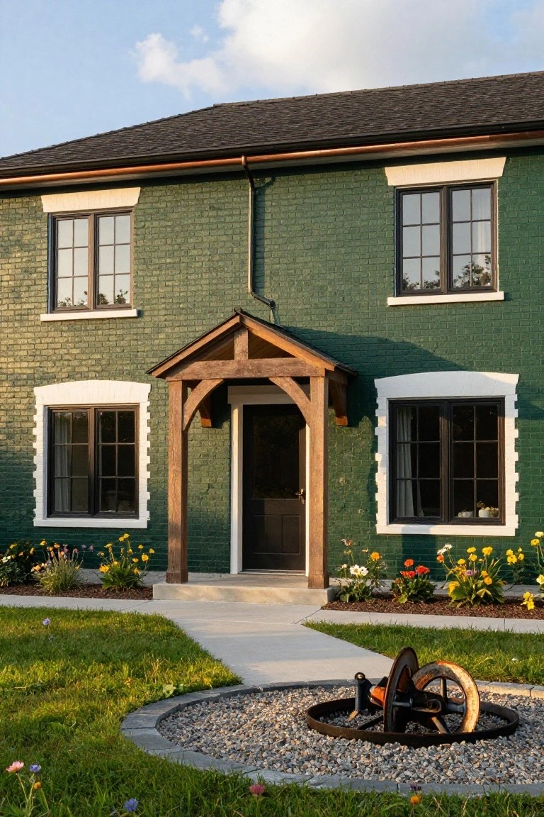 Front exterior of a two-story dark green brick house with white trim around black-framed windows, a gabled wooden porch over a black front door, flower beds along the path, and a decorative metal wagon wheel in a gravel circle bordered by stone edging.