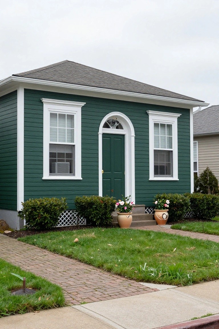 A small one-story dark green clapboard house with white trim, featuring a central green front door with arched transom, two white-framed windows on each side, steps with two terracotta pots of pink flowers, boxwood shrubs, a brick walkway, and adjacent grass and sidewalk.