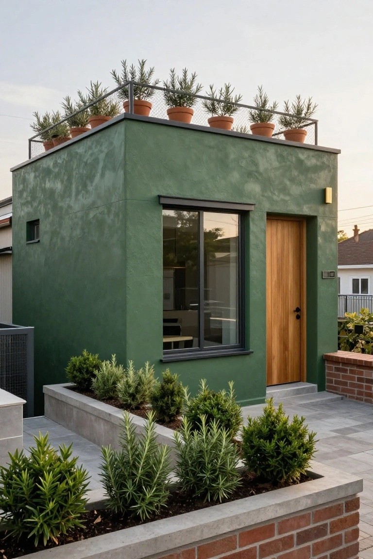 A small cube-shaped building with dark green stucco exterior, black-framed window, wooden entry door, potted rosemary on the roof railing, and rosemary and boxwood plants in surrounding raised beds on a terrace.