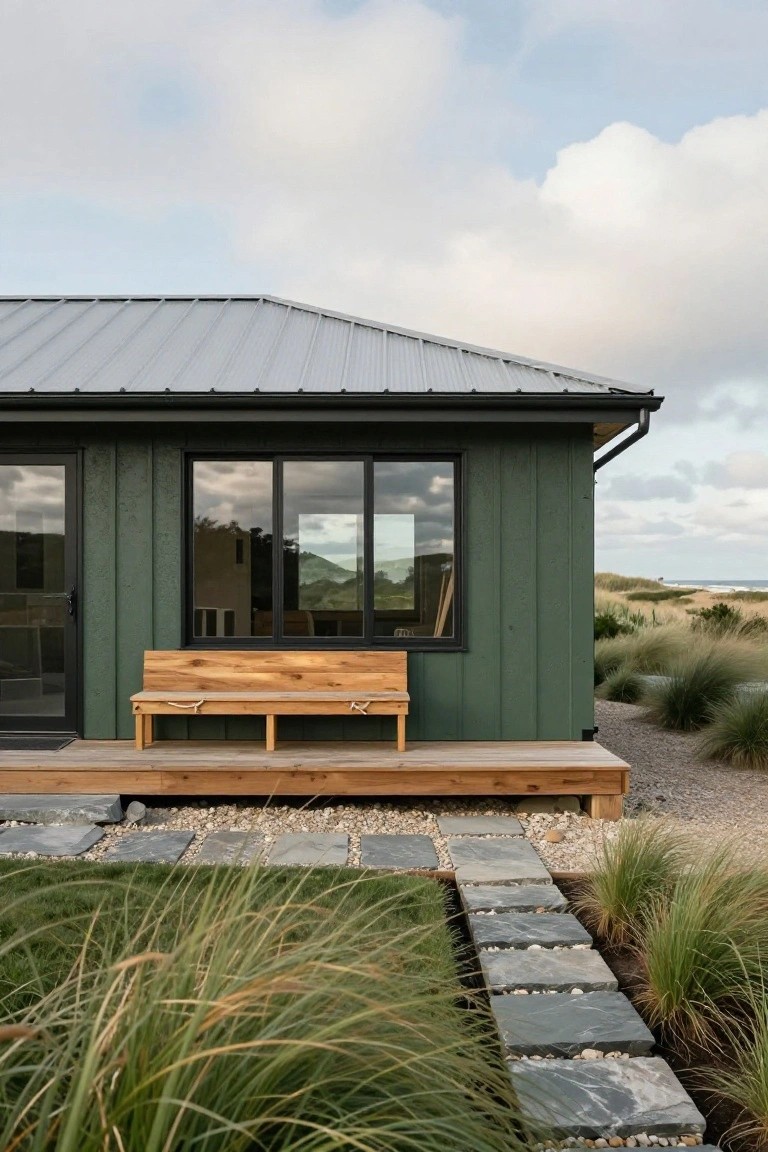 Dark green vertical board-and-batten sided house with metal roof, black-framed windows and door, wooden bench on deck, stone paver path through grasses leading toward dunes and ocean.