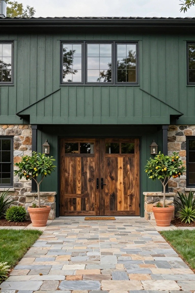 Front view of a two-story house with dark green board-and-batten siding, a gabled portico, double wooden entry doors, stone side accents, wall lanterns, potted citrus trees, and a flagstone pathway leading to the entrance.