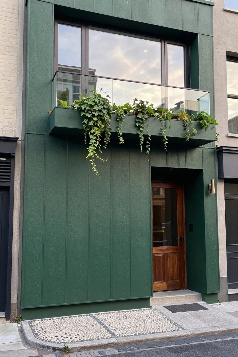 Narrow three-story townhouse exterior with dark green vertical cladding, wooden front door in a green frame, glass balcony with overflowing ivy plants, and pebble entry path on a city street.