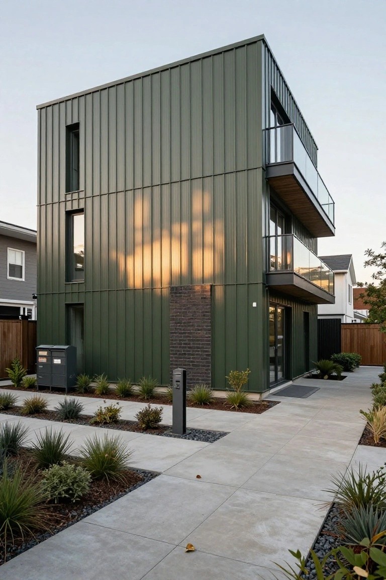 A two-story modern house with dark green corrugated metal siding on most walls, narrow vertical windows, a glass-railed balcony, brick accent near the entry, glass doors, and drought-tolerant plants along a concrete path.