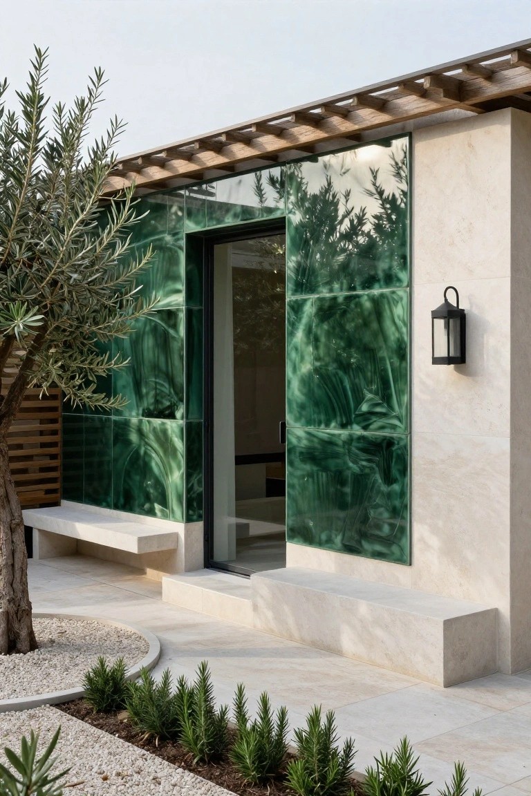 Modern house exterior with large dark green reflective glass panels flanking a glass entry door on beige stone walls, olive tree, wooden bench, lantern light, and gravel landscaping with small plants.