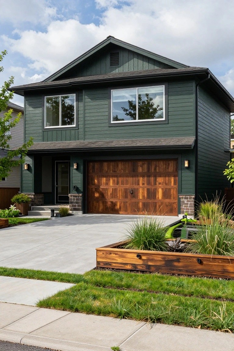 Two-story modern house with dark green siding, large wooden garage door, concrete driveway, front entry with steps, and landscaped planting beds with grasses.