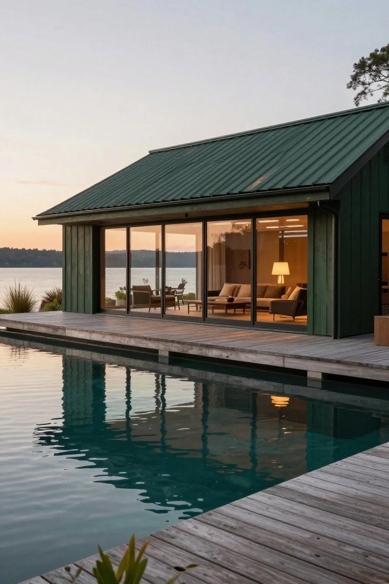 Dark green house exterior with matching green metal roof, vertical siding, large glass walls overlooking a lake, wooden deck extending to an infinity-edge pool.
