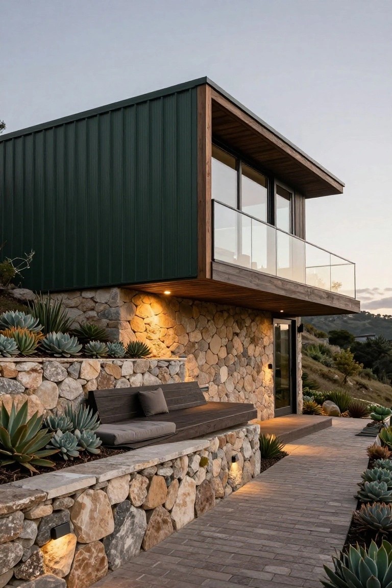 Modern house exterior with dark green corrugated metal siding on the upper level, stone retaining walls planted with succulents, wooden balcony and entry, and a brick pathway at dusk.