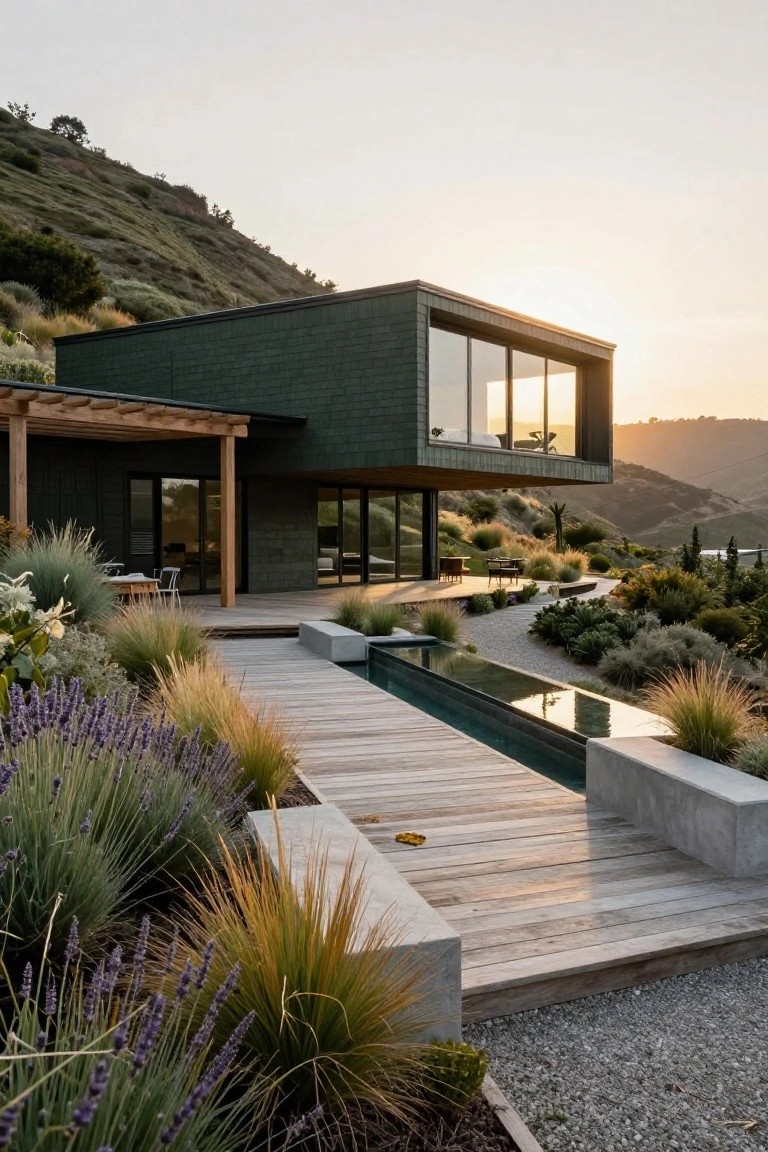Modern house with dark green shingled exterior on a hillside, large glass windows, wooden walkway over a reflecting pool, surrounded by grasses and lavender at sunset.