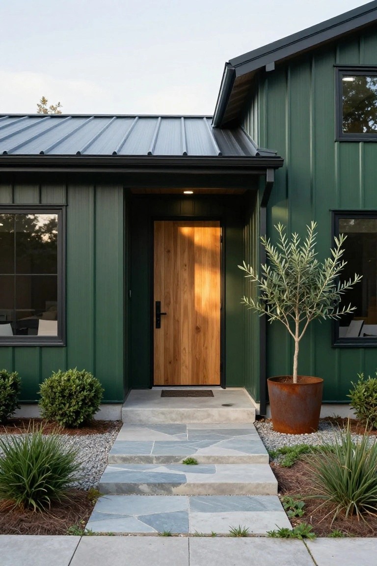 Dark green corrugated metal siding on a modern house exterior features a light wooden front door, black-framed windows, a covered entry, flagstone steps, and landscaping with shrubs, grasses, gravel, and a potted olive tree in a rusted metal container.