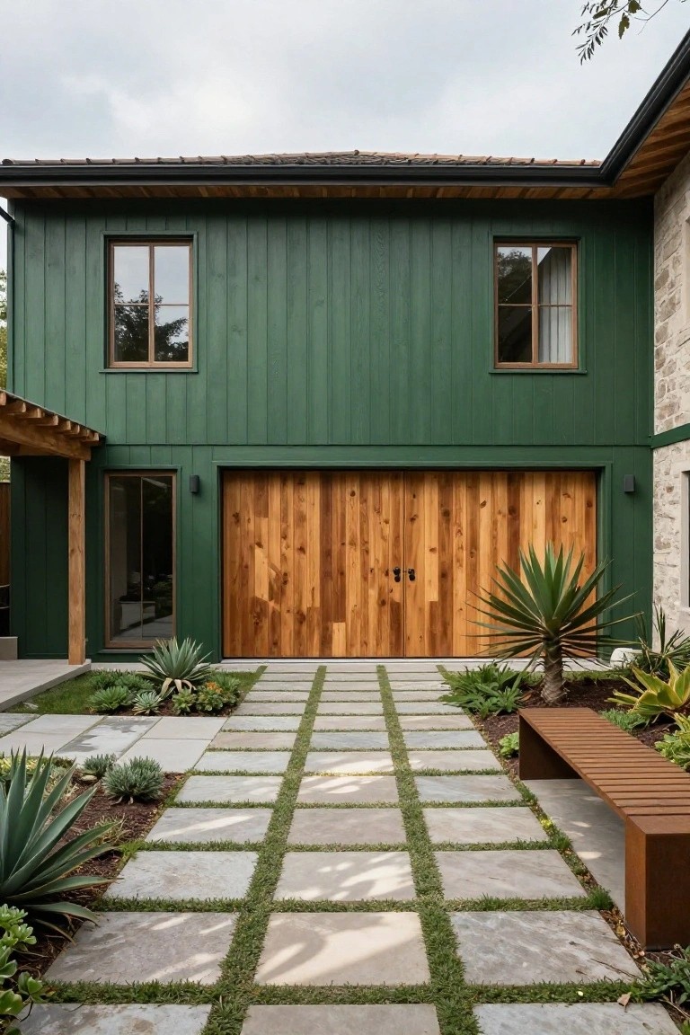 House exterior featuring dark green vertical board-and-batten siding, double wooden garage doors, rectangular windows, stone side wall, and concrete paver pathway with agave plants and bench.
