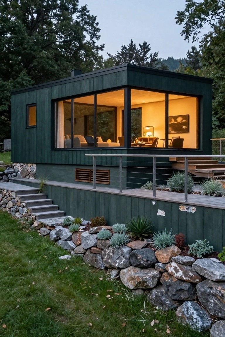 A compact dark green wooden house with vertical cladding and large corner glass windows on a sloped site, surrounded by forest trees, rock retaining walls, stone steps, plants, and a wooden deck with railing.
