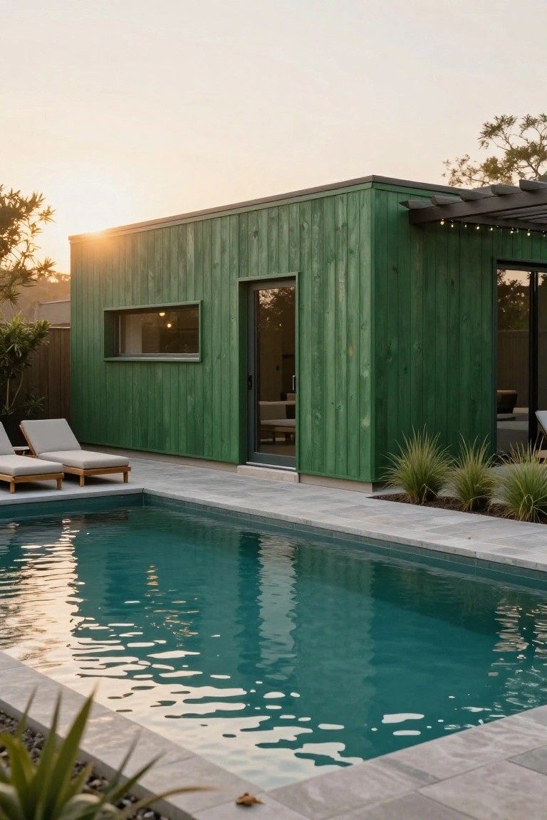 A compact modern house clad in dark green vertical wood siding stands beside a rectangular turquoise pool on a tiled deck with two lounge chairs, surrounded by low plants and trees at sunset.