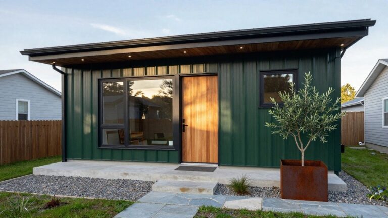 17 Dark Green Modern House Exteriors That Turn Heads Dark green corrugated metal siding on a modern house exterior features a light wooden front door, black-framed windows, a covered entry, flagstone steps, and landscaping with shrubs, grasses, gravel, and a potted olive tree in a rusted metal container.