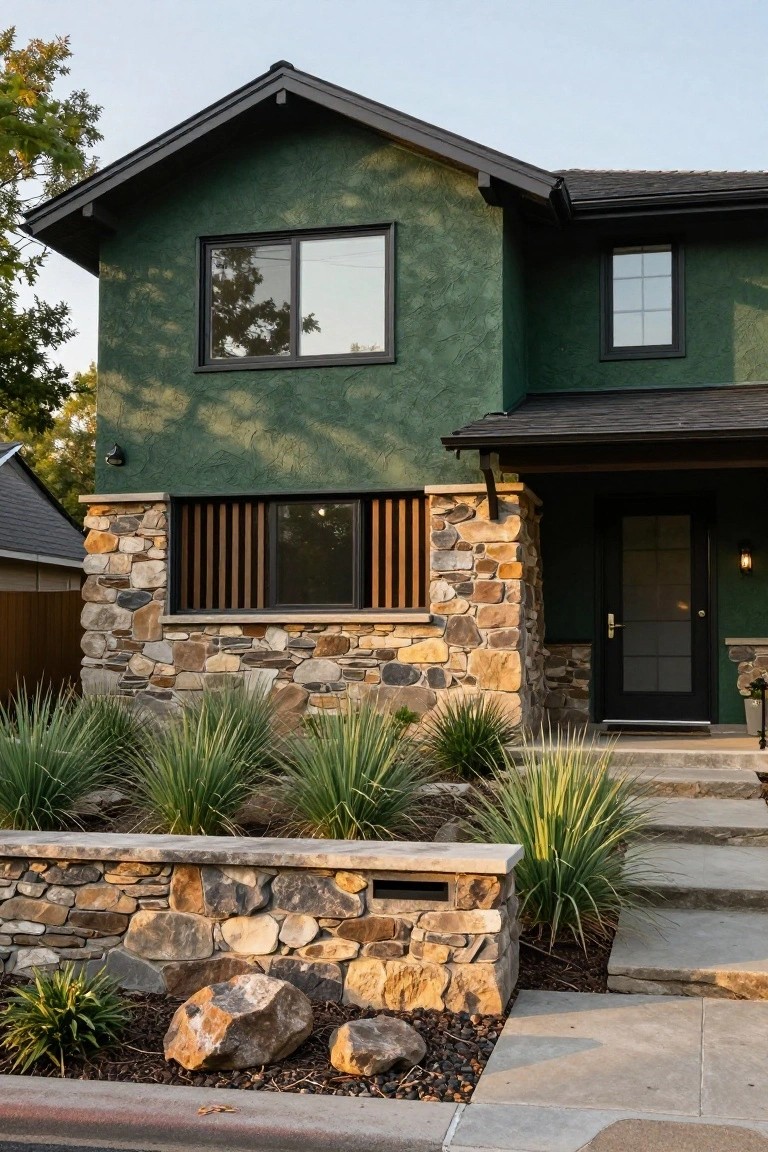 Two-story house exterior with dark green textured stucco walls, stone pillars and base wall at the entry, black-framed windows and door, yucca plants, and a concrete pathway.
