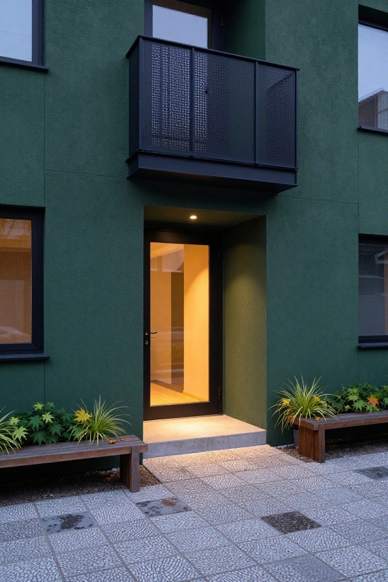 Dark green stucco house exterior featuring a black metal balcony, recessed frameless glass entry door with warm interior lighting, flanked by potted plants and wooden benches on textured pebble paving.