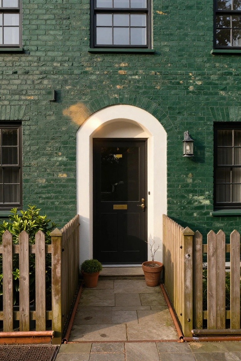 Dark green brick house facade with black-framed windows, white arched doorway containing a black front door, lantern light, potted plants on either side, wooden picket fence, and stone path.