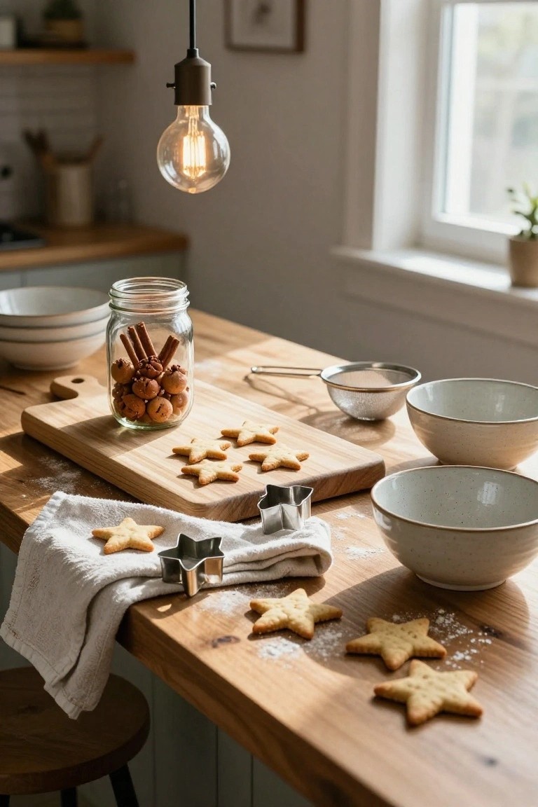 Wooden kitchen counter with star-shaped gingerbread cookies on a cutting board, metal star cookie cutters, a glass jar of cinnamon sticks and cloves, white bowls, a metal sifter, and scattered flour.