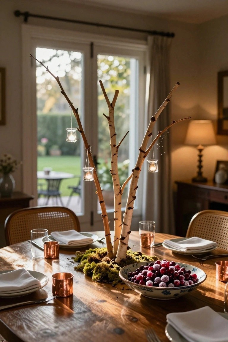 Dining table centered with tall birch branches supporting hanging glass votives, moss and a blue-and-white bowl of cranberries at the base, flanked by white plates, copper cups, rattan chairs, and French doors opening to a garden.