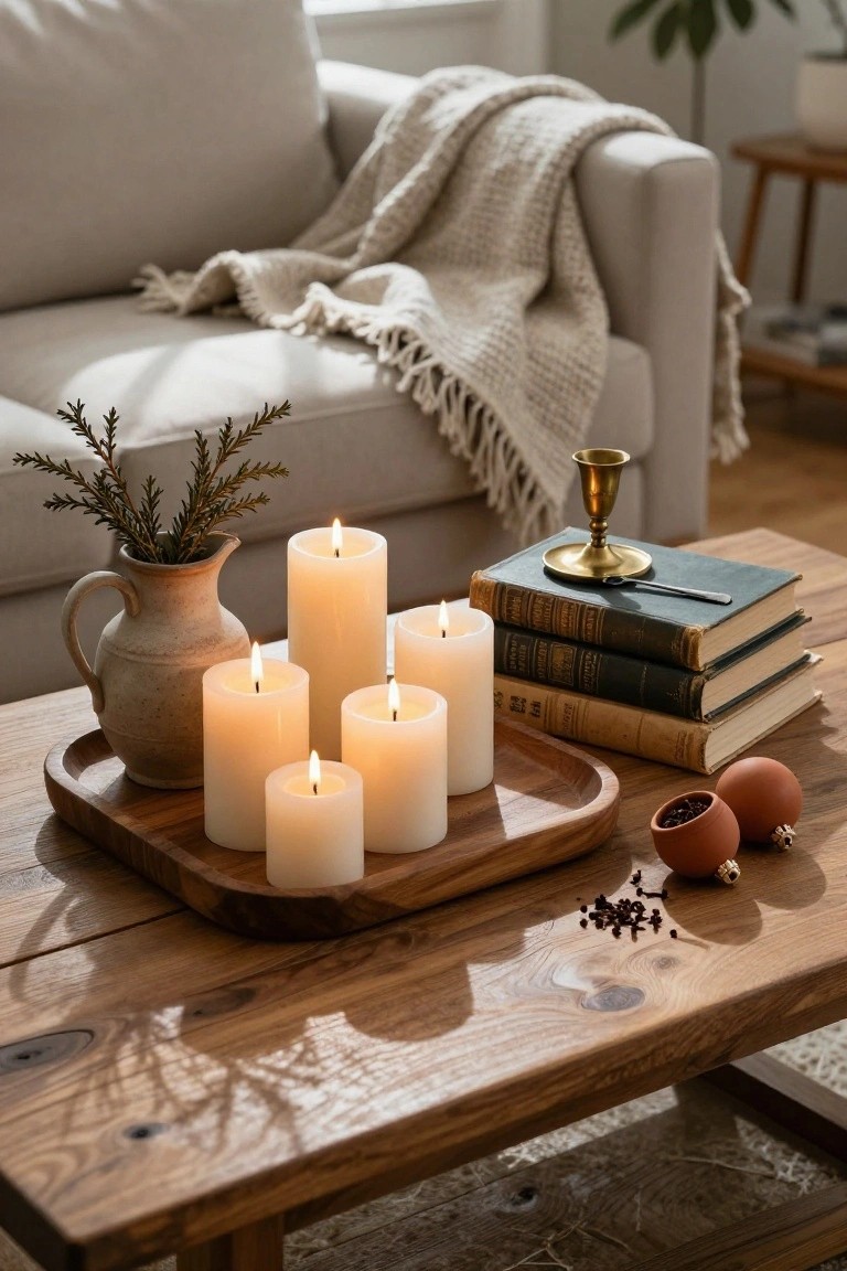 Wooden coffee table with a tray holding multiple lit white pillar candles of varying heights, a terracotta pitcher of greenery, stacked old books, brass candlestick, small pots of cloves, and round ornaments, beside a beige sofa with throw blanket.