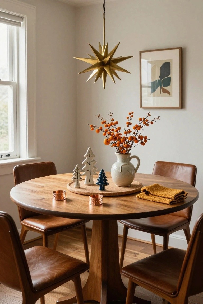 Round wooden pedestal dining table in a light room, decorated with small white and blue ceramic Christmas trees on a cork tray, copper candle holders, orange berry branches in a white pitcher, tan woven placemats, four brown leather chairs, under a gold starburst pendant light.