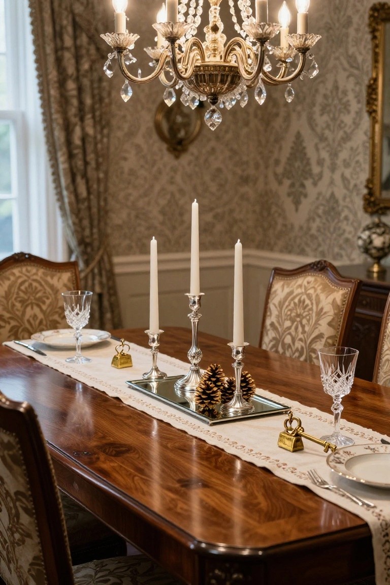 A polished wood dining table in a formal room, centered with three silver candelabras holding white taper candles, pinecone accents, gold decorative weights, crystal wine glasses, and plates on a beige embroidered runner under a crystal chandelier.
