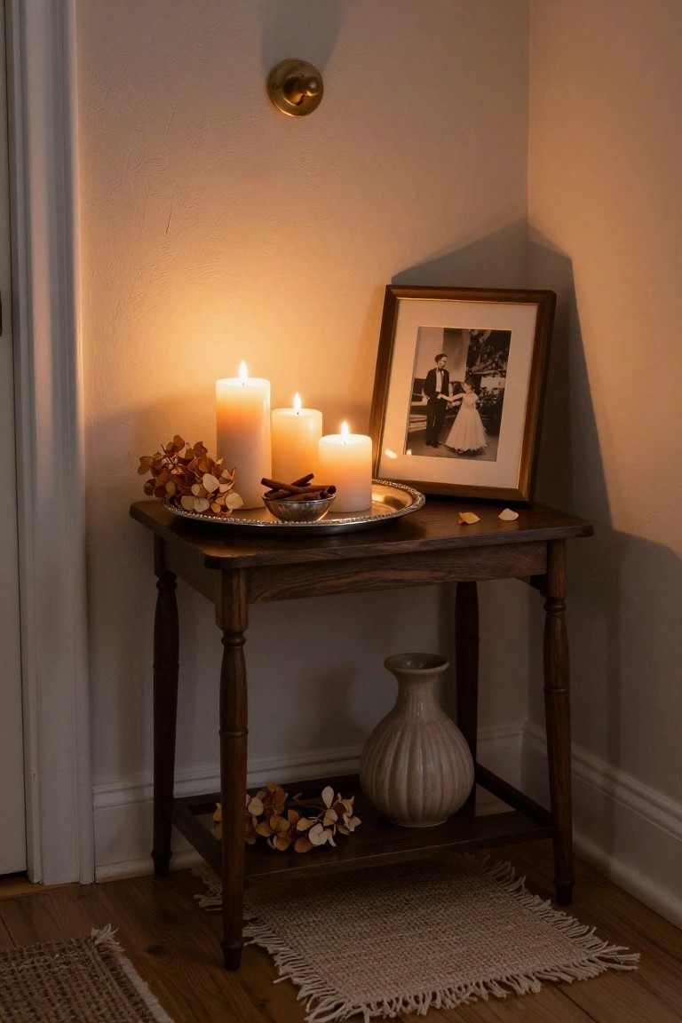 Small wooden side table in room corner with three lit pillar candles on a silver tray holding cinnamon sticks and dried hydrangeas, a leaning framed black-and-white photo of a couple in formal wear, a beige vase on lower shelf, brass wall light above, and seagrass rug on wood floor.