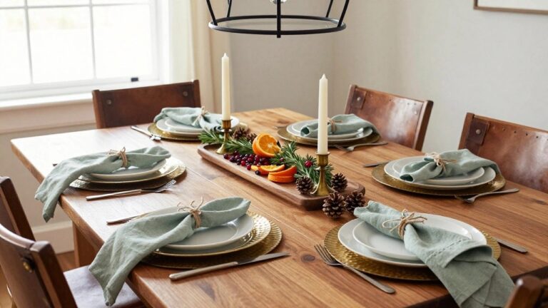 23 DIY Christmas Table Decorations That Look Surprisingly Expensive Wooden dining table set for Christmas dinner with a lengthwise centerpiece of sliced oranges, rosemary branches, pinecones, and white taper candles, white plates on gold chargers at place settings, linen napkins tied with twine, and wooden chairs with leather seats.